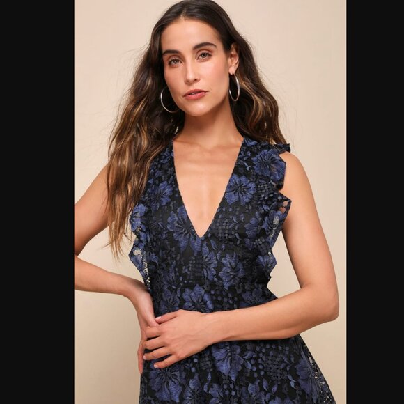 Lulus - NWT - Molinetto Navy Blue Lace Ruffled Tiered Sleeveless Maxi Dress - Picture 3 of 7